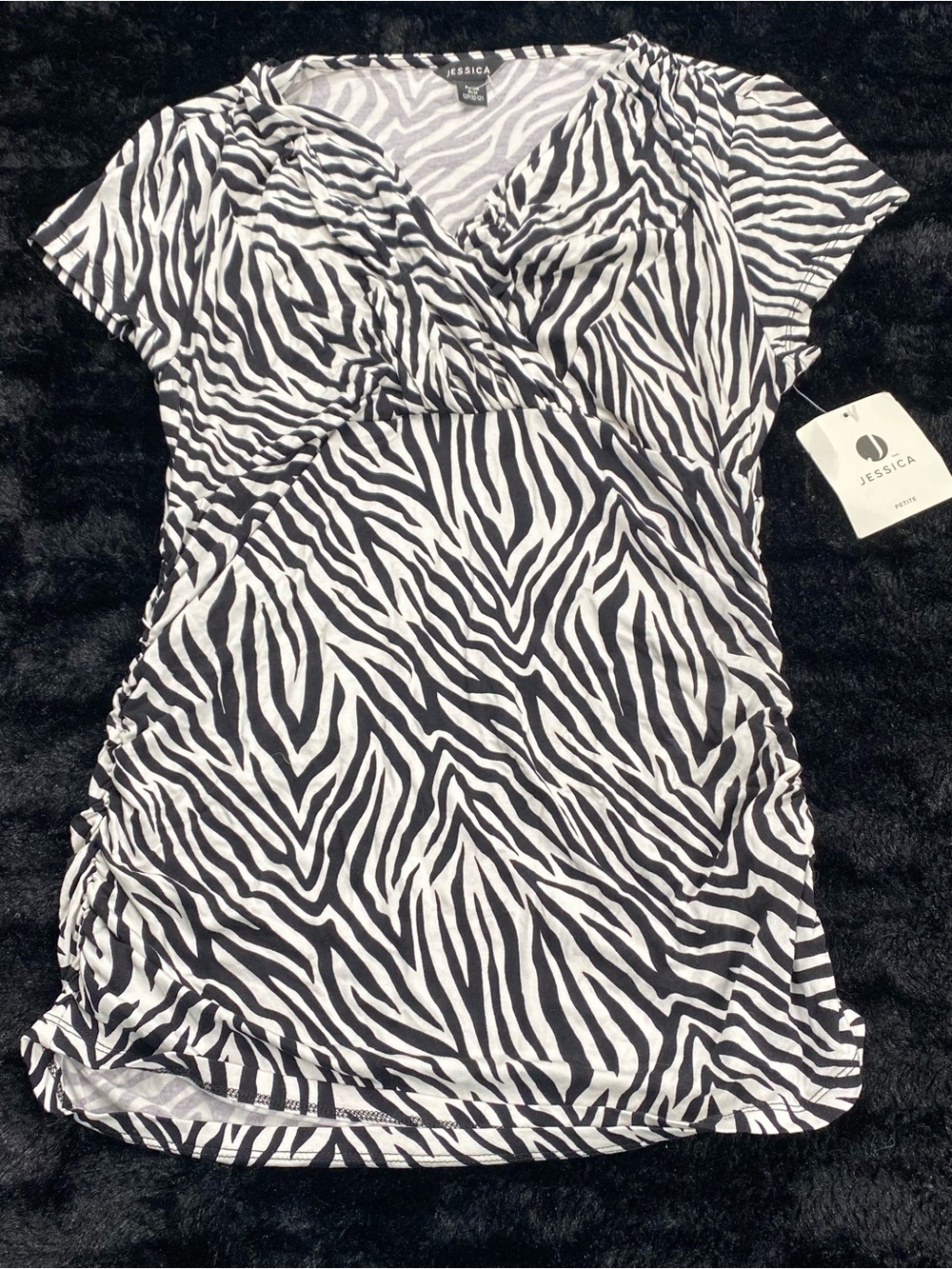 Jessica Black & White Zebra-Print Wrap Short Sleeve Top